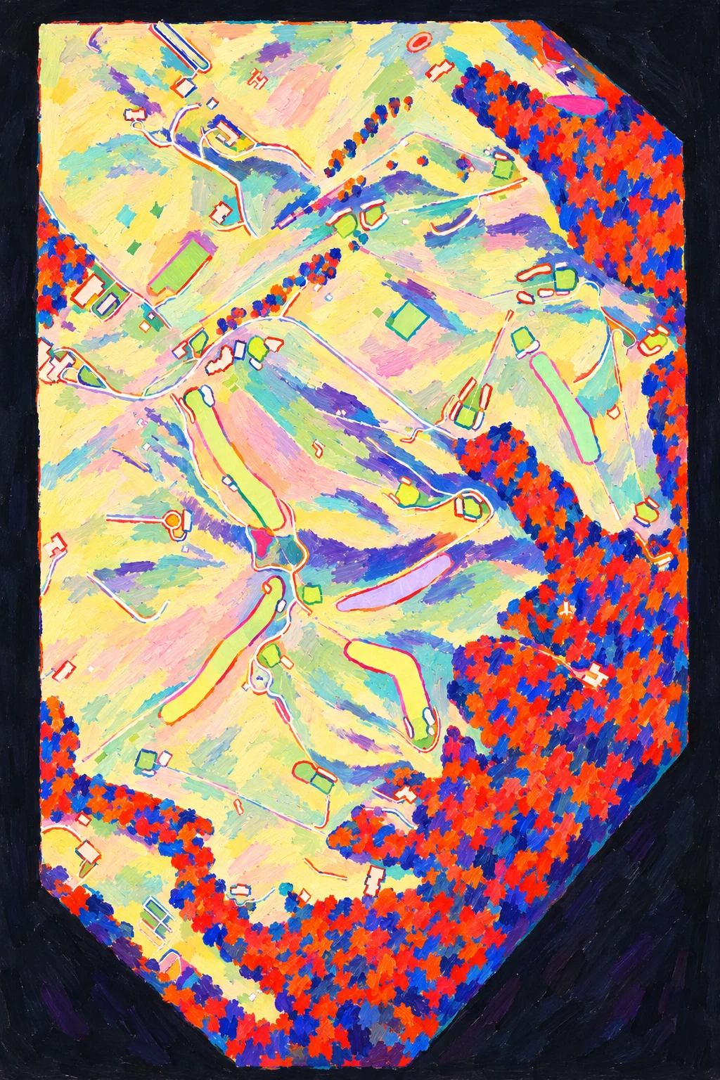 Camargo Club, Ohio, USA, seen from above and painted in the Fauve manner after the Fauves of 1905: the routing of its 18 holes, its greens and its bunkers, in paint.