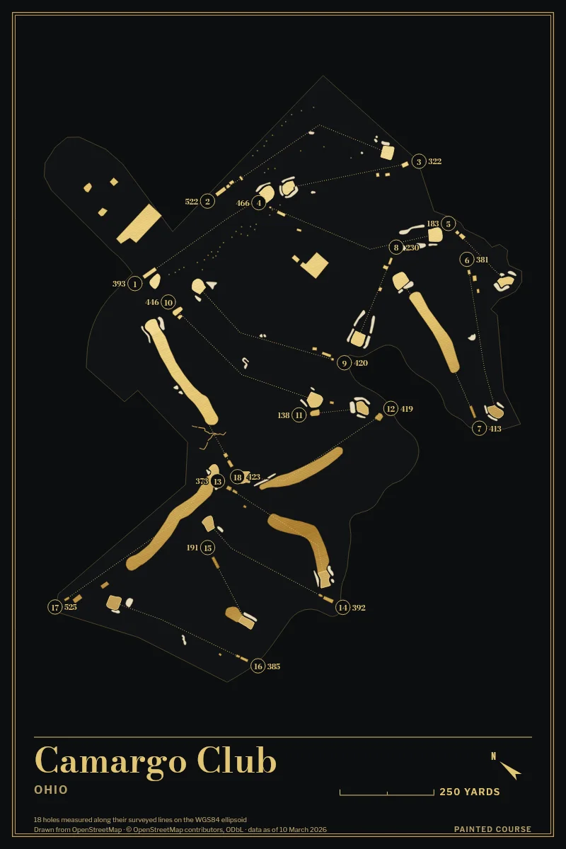 Camargo Club, Ohio, USA, drawn in the Gilt style from its OpenStreetMap survey: 18 holes, each numbered at its tee with its measured yards beside it.