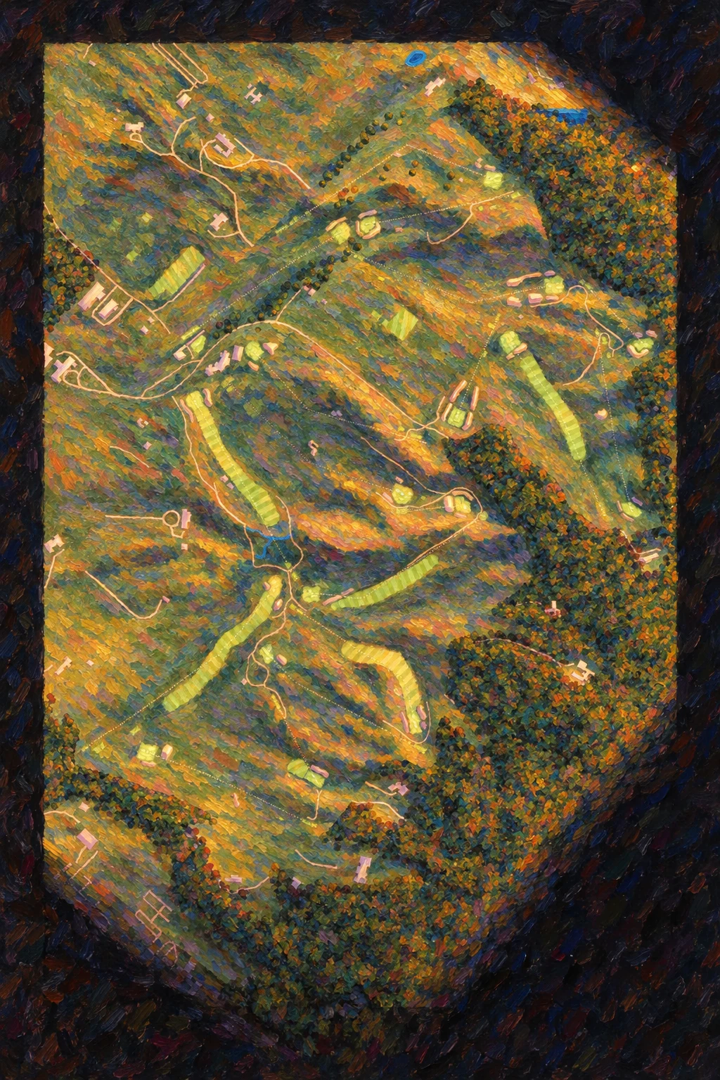 Camargo Club, Ohio, USA, seen from above and painted in the Impressionist manner after Claude Monet: the routing of its 18 holes, its greens and its bunkers, in paint.