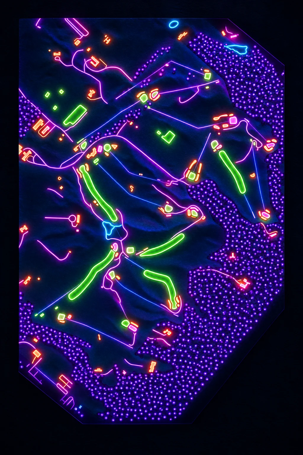 Camargo Club, Ohio, USA, seen from above and painted in the Neon manner: the routing of its 18 holes, its greens and its bunkers, in paint.