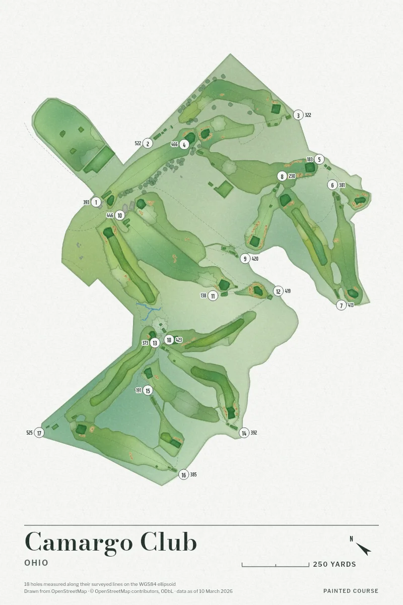 Camargo Club, Ohio, USA, drawn in the Watercolour style from its OpenStreetMap survey: 18 holes, each numbered at its tee with its measured yards beside it.