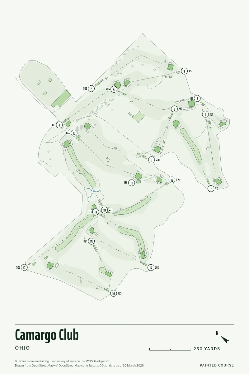 Camargo Club, Ohio, USA, drawn in the Yardage style from its OpenStreetMap survey: 18 holes, each numbered at its tee with its measured yards beside it.