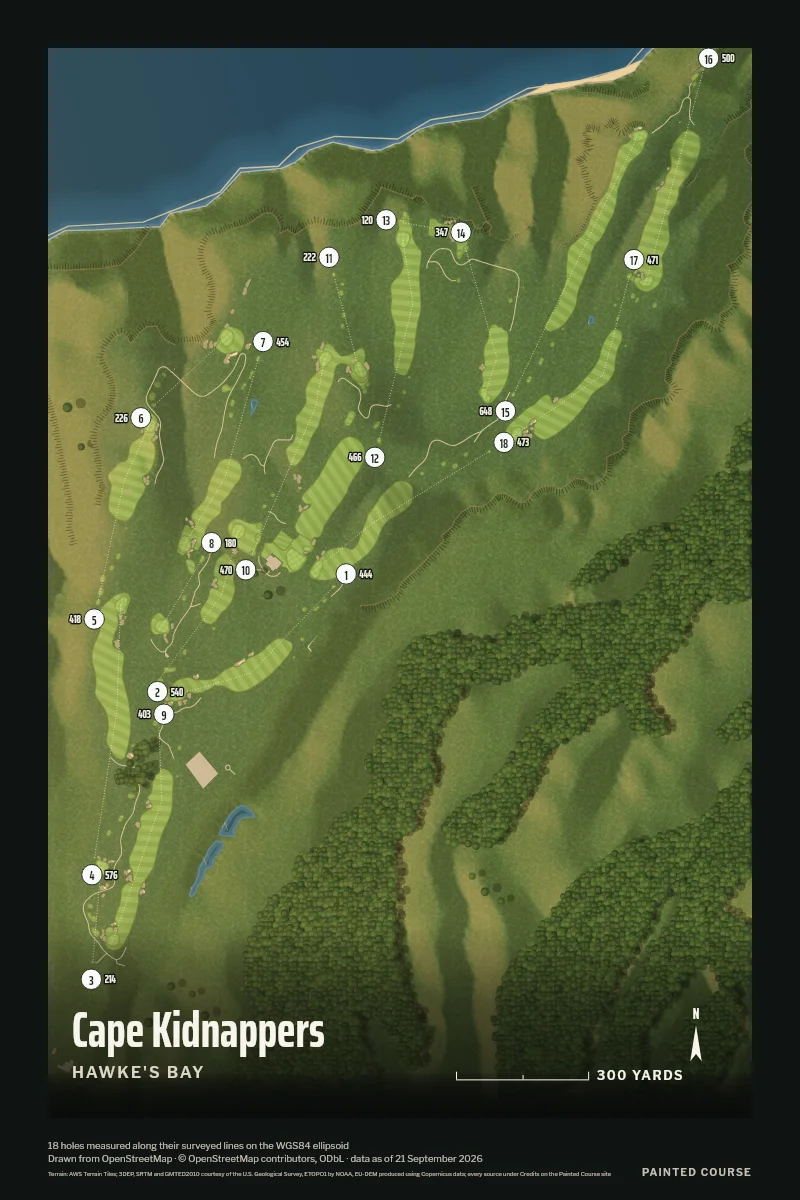 Cape Kidnappers, Hawke's Bay, New Zealand, drawn in the Aerial style from its OpenStreetMap survey: 18 holes, each numbered at its tee with its measured yards beside it.