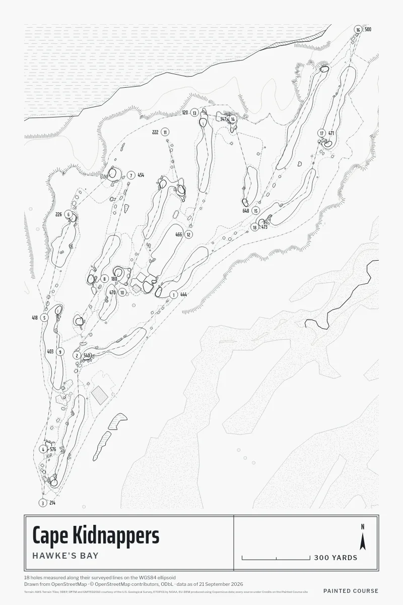 Cape Kidnappers, Hawke's Bay, New Zealand, drawn in the Architect style from its OpenStreetMap survey: 18 holes, each numbered at its tee with its measured yards beside it.