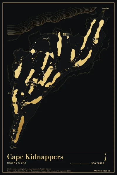 Cape Kidnappers, Hawke's Bay, New Zealand, drawn in the Gilt style from its OpenStreetMap survey: 18 holes, each numbered at its tee with its measured yards beside it.