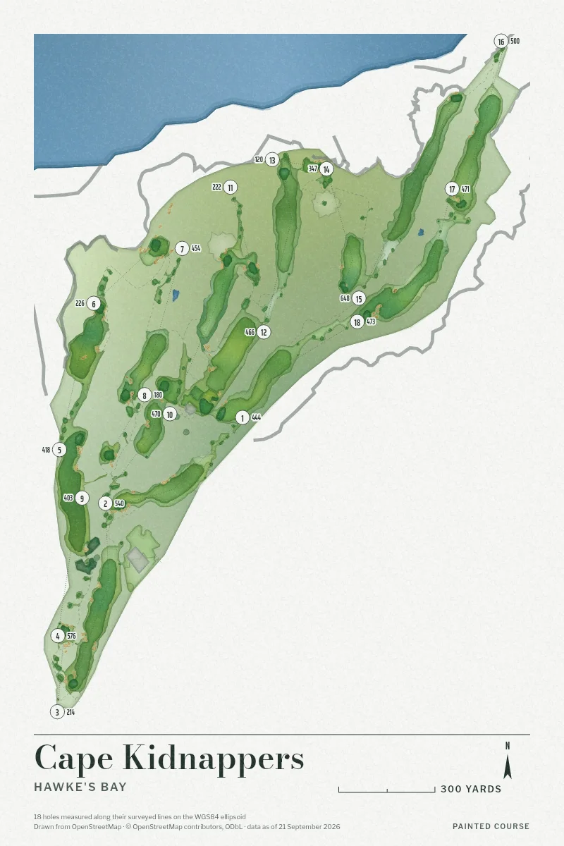 Cape Kidnappers, Hawke's Bay, New Zealand, drawn in the Watercolour style from its OpenStreetMap survey: 18 holes, each numbered at its tee with its measured yards beside it.