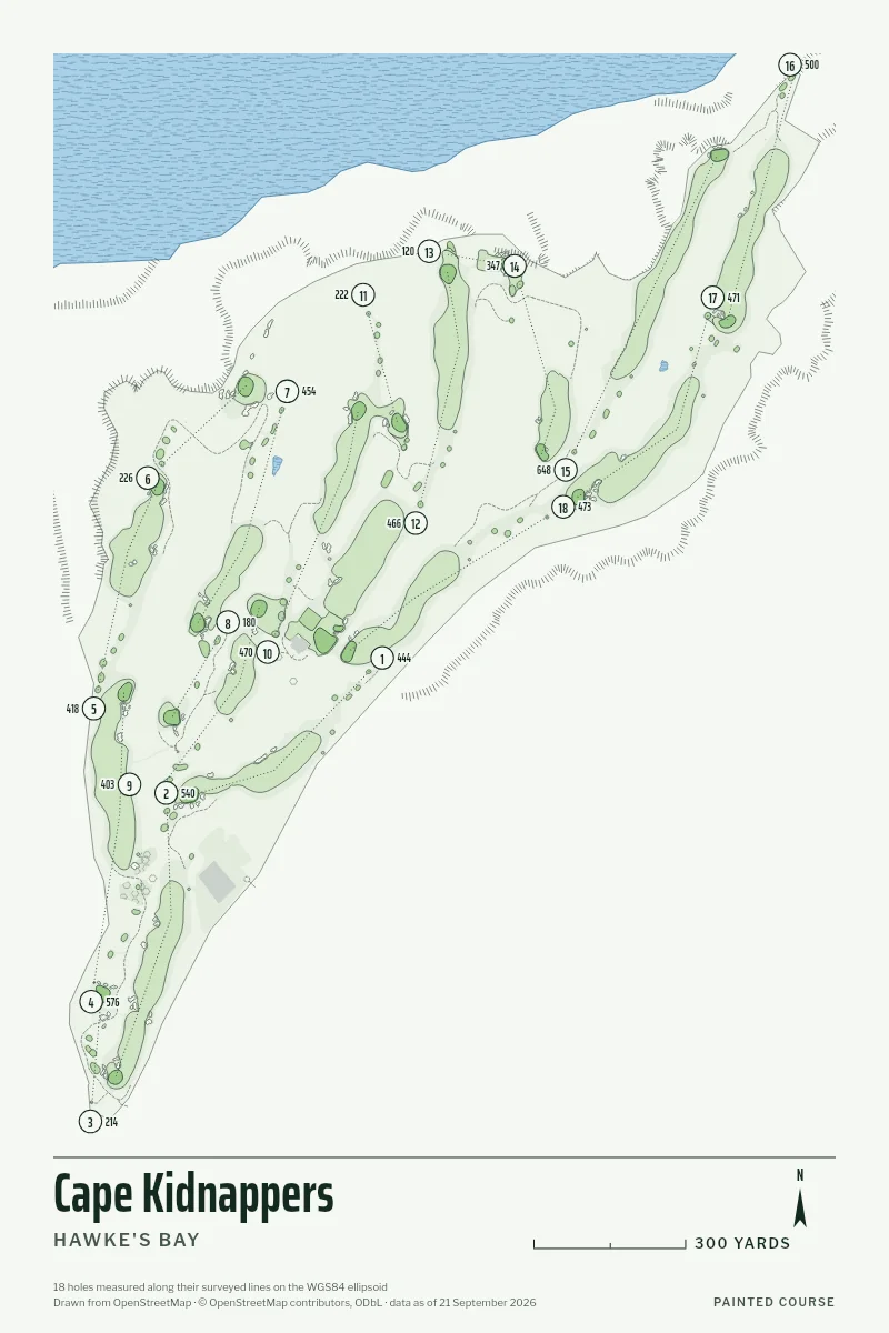 Cape Kidnappers, Hawke's Bay, New Zealand, drawn in the Yardage style from its OpenStreetMap survey: 18 holes, each numbered at its tee with its measured yards beside it.