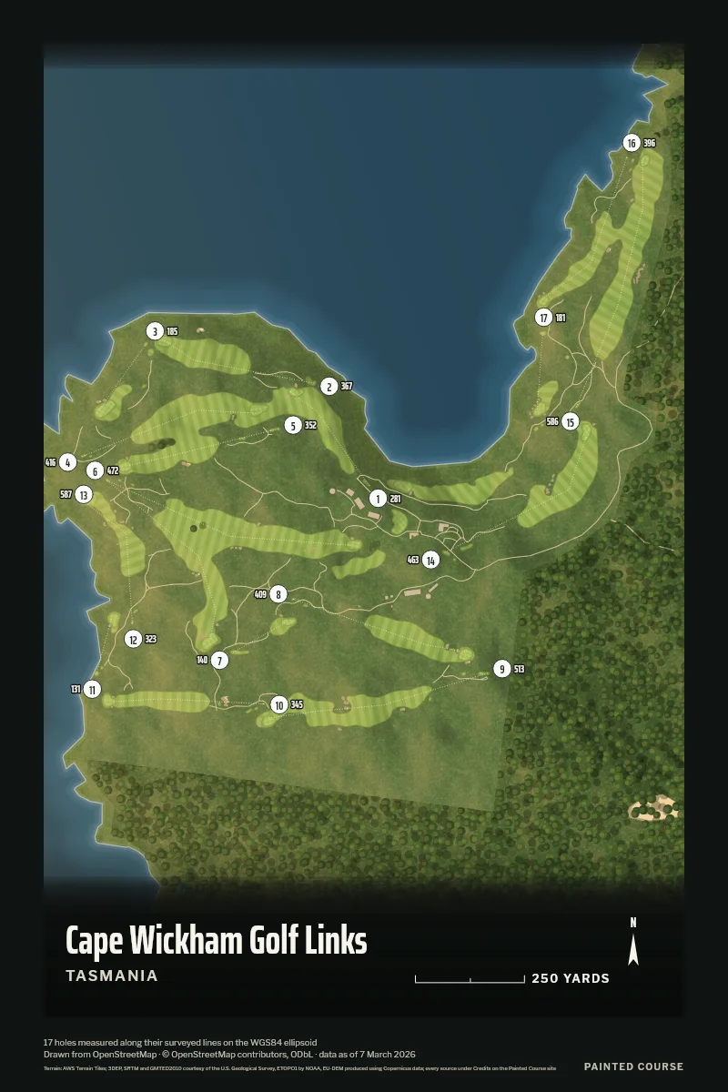 Cape Wickham Golf Links, Tasmania, Australia, drawn in the Aerial style from its OpenStreetMap survey: 17 holes, each numbered at its tee with its measured yards beside it.