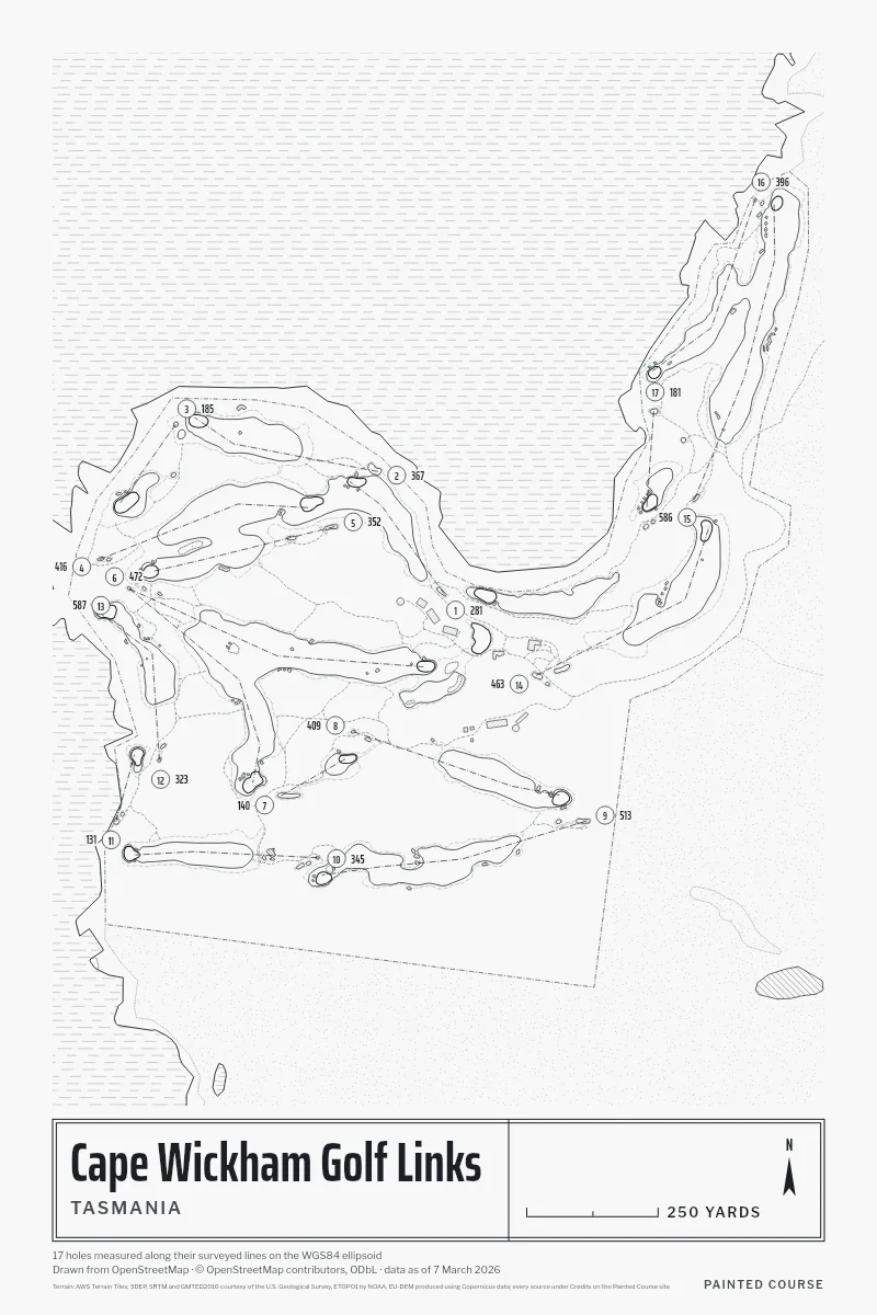 Cape Wickham Golf Links, Tasmania, Australia, drawn in the Architect style from its OpenStreetMap survey: 17 holes, each numbered at its tee with its measured yards beside it.
