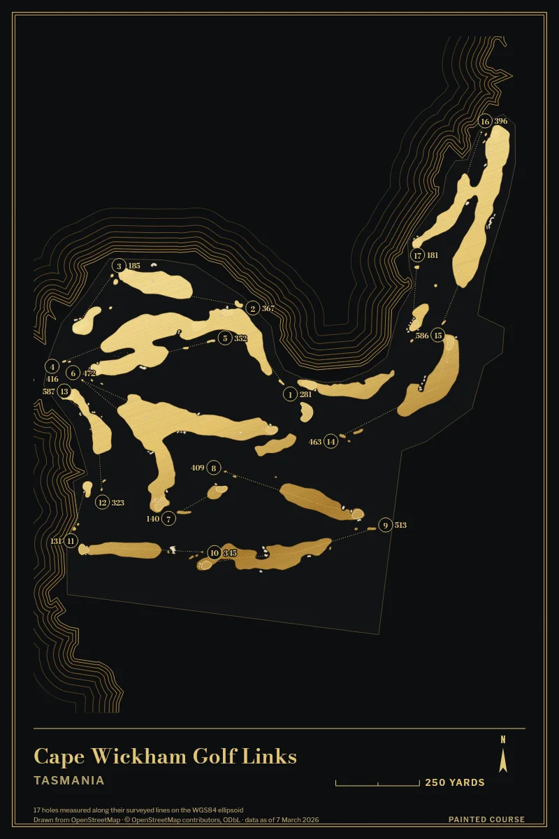 Cape Wickham Golf Links, Tasmania, Australia, drawn in the Gilt style from its OpenStreetMap survey: 17 holes, each numbered at its tee with its measured yards beside it.