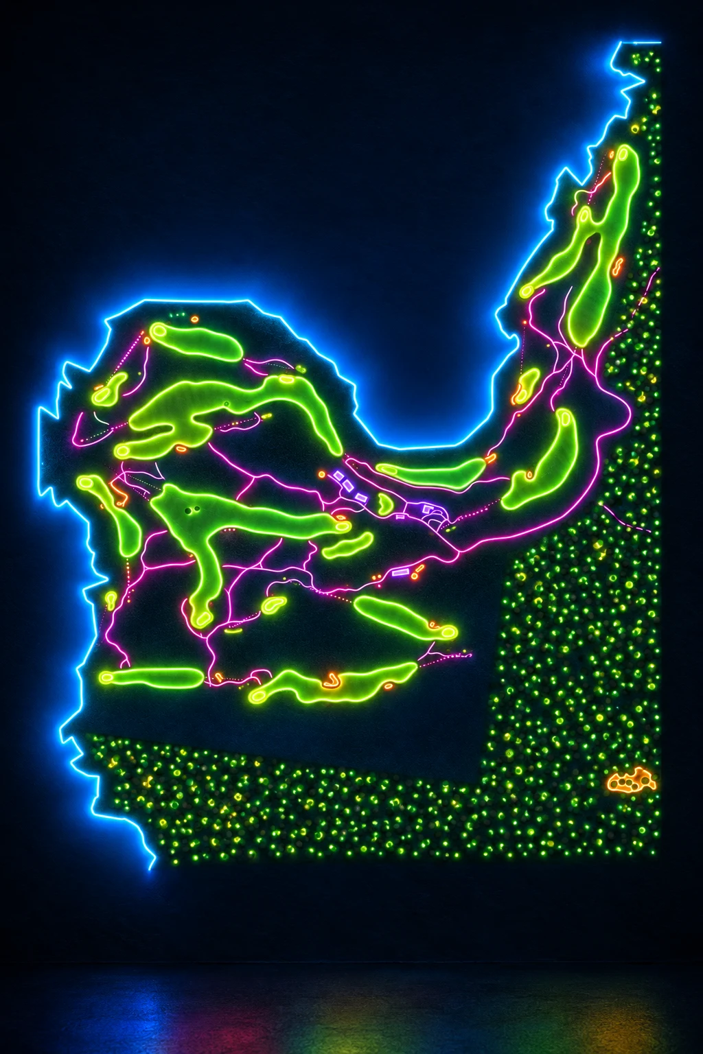 Cape Wickham Golf Links, Tasmania, Australia, seen from above and painted in the Neon manner: the routing of its 17 holes, its greens and its bunkers, in paint.