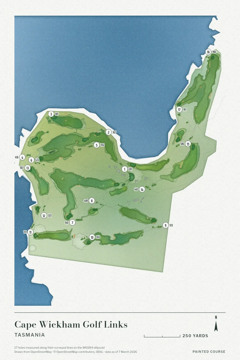 Cape Wickham Golf Links, Tasmania, Australia, drawn in the Watercolour style from its OpenStreetMap survey: 17 holes, each numbered at its tee with its measured yards beside it.