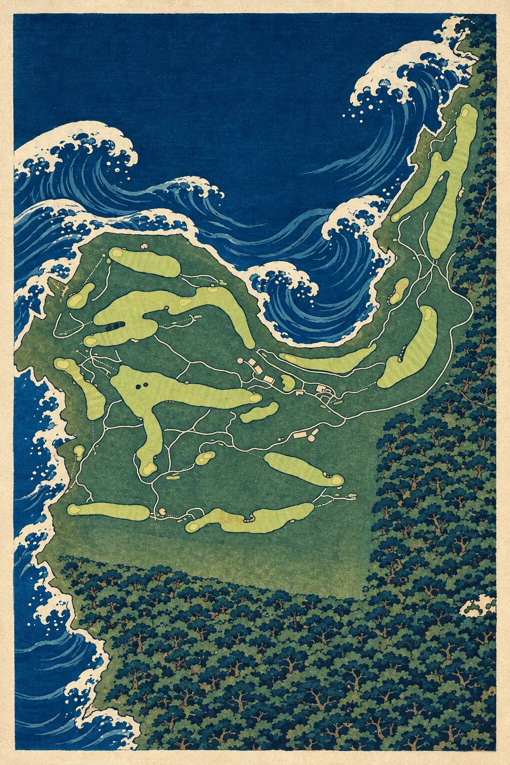 Cape Wickham Golf Links, Tasmania, Australia, seen from above and painted in the Woodblock manner after Katsushika Hokusai: the routing of its 17 holes, its greens and its bunkers, in paint.