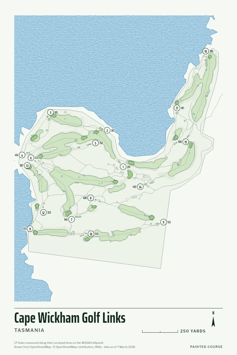 Cape Wickham Golf Links, Tasmania, Australia, drawn in the Yardage style from its OpenStreetMap survey: 17 holes, each numbered at its tee with its measured yards beside it.