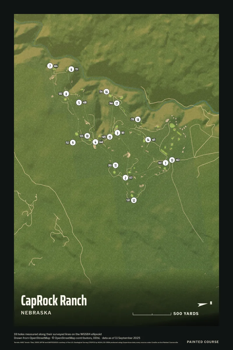 CapRock Ranch, Nebraska, USA, drawn in the Aerial style from its OpenStreetMap survey: 18 holes, each numbered at its tee with its measured yards beside it.