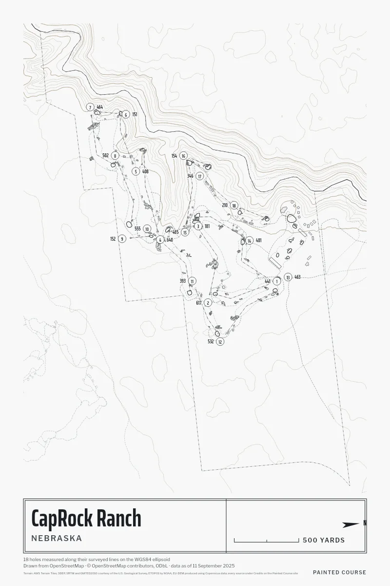 CapRock Ranch, Nebraska, USA, drawn in the Architect style from its OpenStreetMap survey: 18 holes, each numbered at its tee with its measured yards beside it.