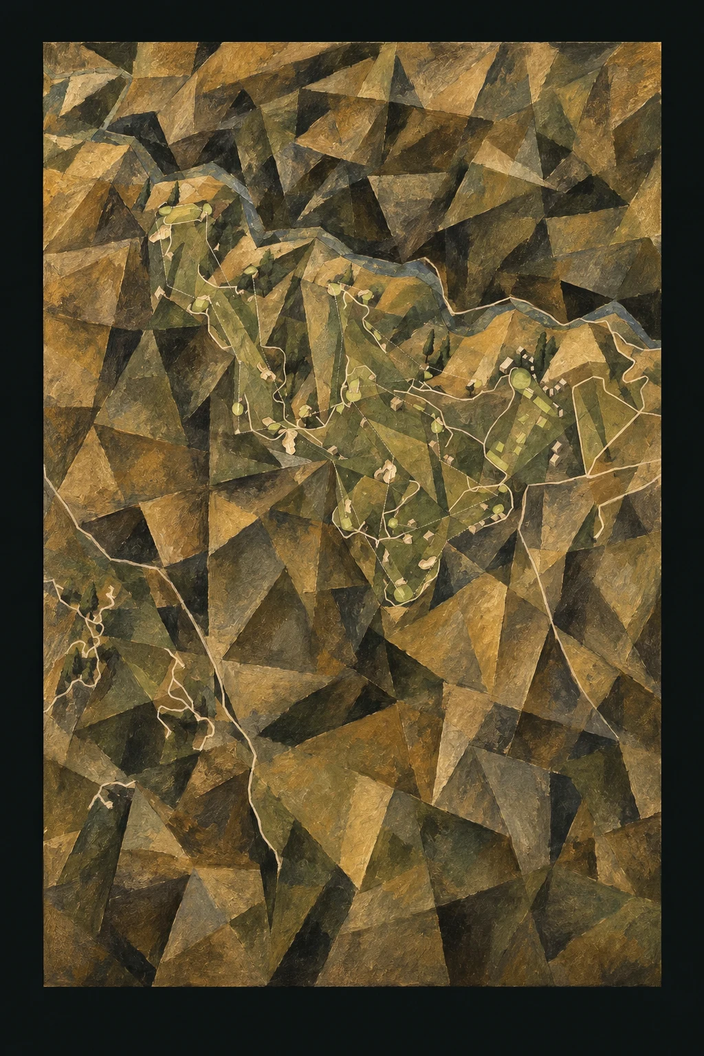CapRock Ranch, Nebraska, USA, seen from above and painted in the Cubist manner after Picasso and Braque: the routing of its 18 holes, its greens and its bunkers, in paint.