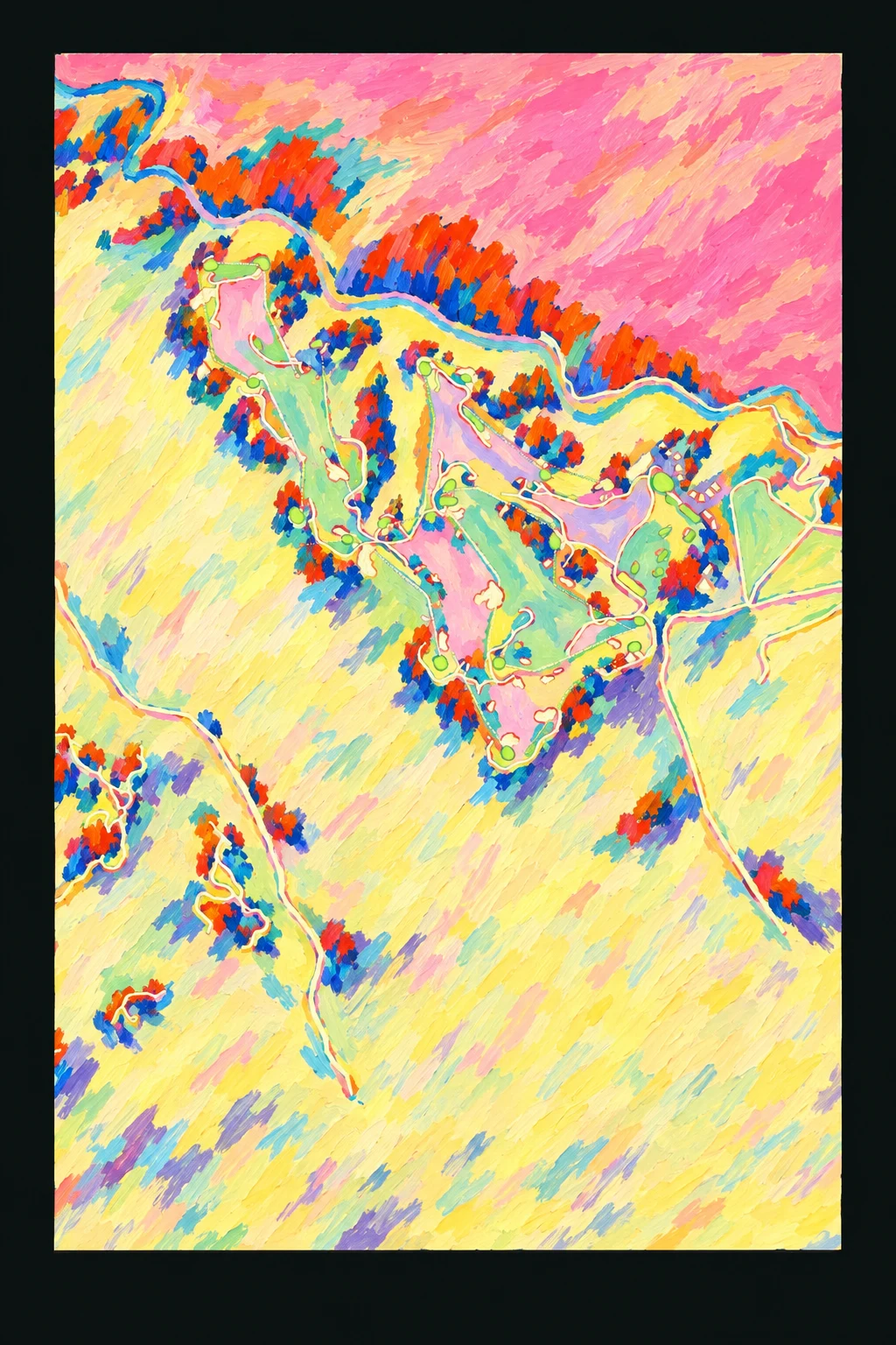 CapRock Ranch, Nebraska, USA, seen from above and painted in the Fauve manner after the Fauves of 1905: the routing of its 18 holes, its greens and its bunkers, in paint.