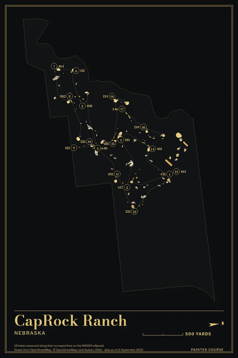CapRock Ranch, Nebraska, USA, drawn in the Gilt style from its OpenStreetMap survey: 18 holes, each numbered at its tee with its measured yards beside it.