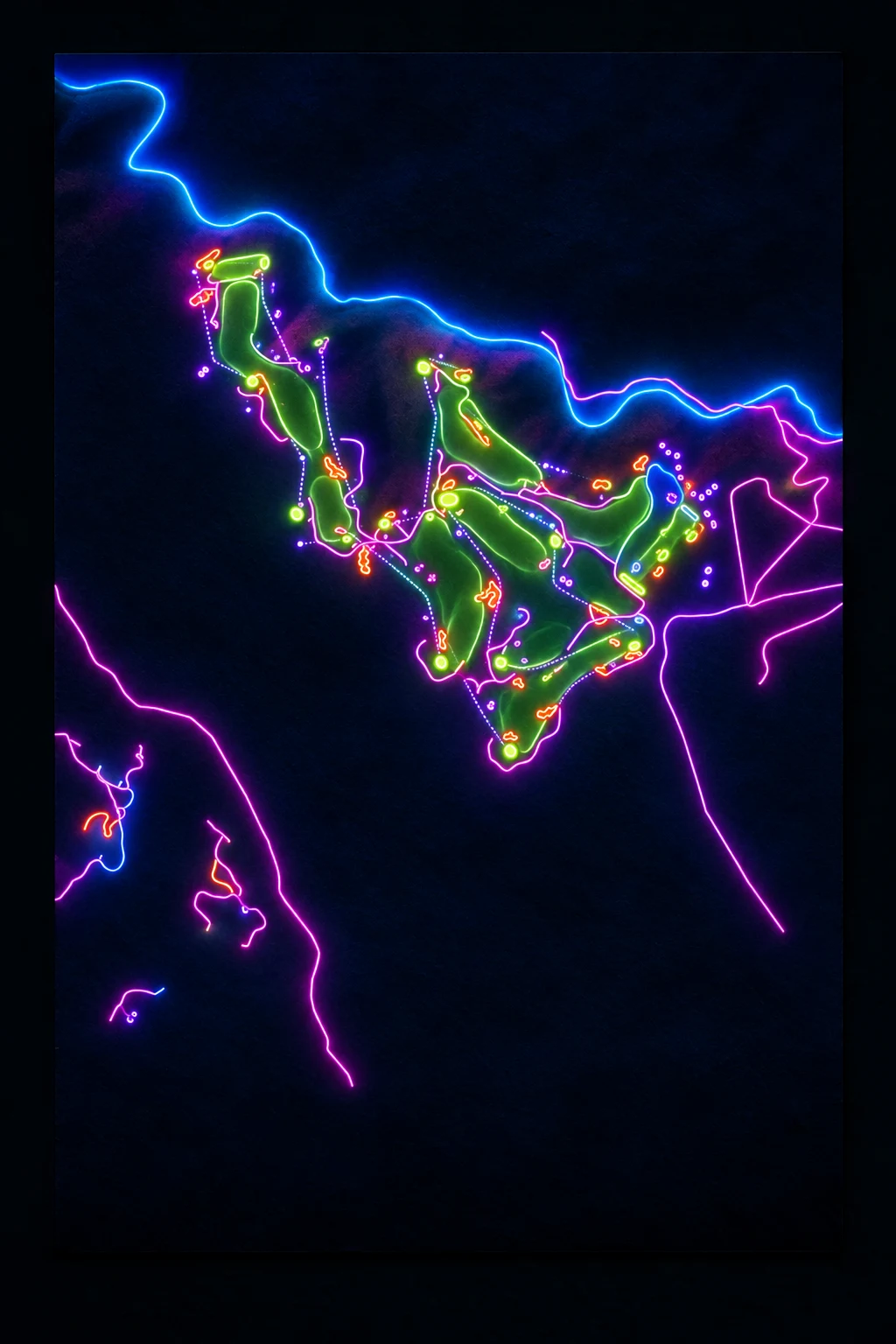 CapRock Ranch, Nebraska, USA, seen from above and painted in the Neon manner: the routing of its 18 holes, its greens and its bunkers, in paint.