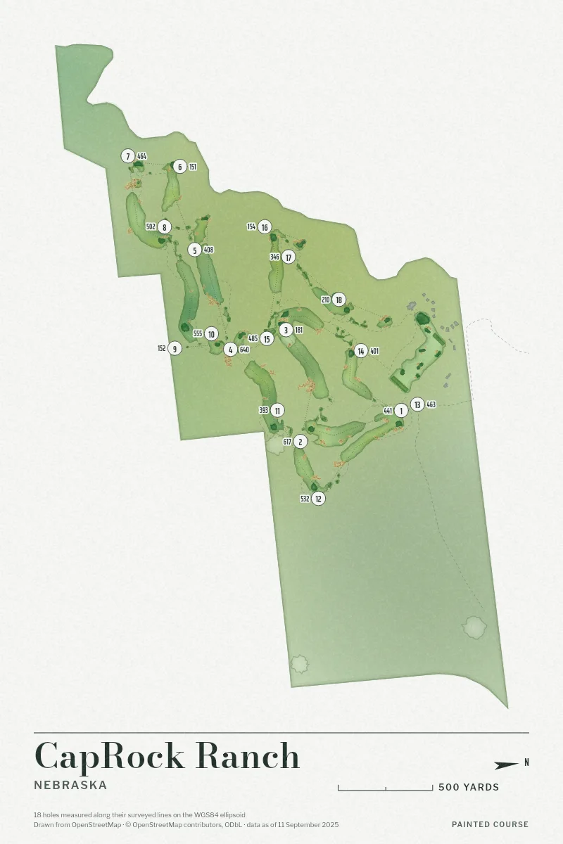 CapRock Ranch, Nebraska, USA, drawn in the Watercolour style from its OpenStreetMap survey: 18 holes, each numbered at its tee with its measured yards beside it.
