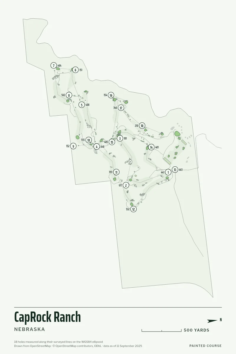 CapRock Ranch, Nebraska, USA, drawn in the Yardage style from its OpenStreetMap survey: 18 holes, each numbered at its tee with its measured yards beside it.