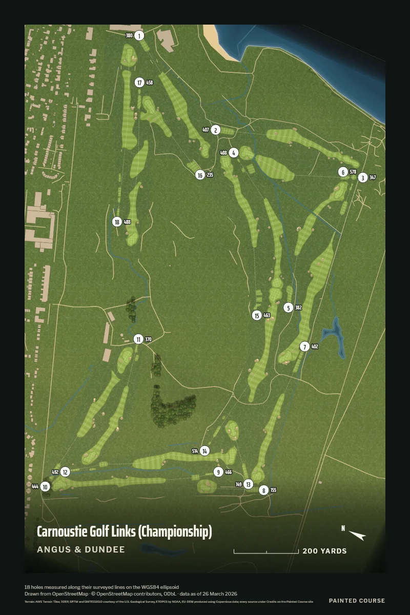 Carnoustie Golf Links (Championship), Angus & Dundee, Scotland, drawn in the Aerial style from its OpenStreetMap survey: 18 holes, each numbered at its tee with its measured yards beside it.