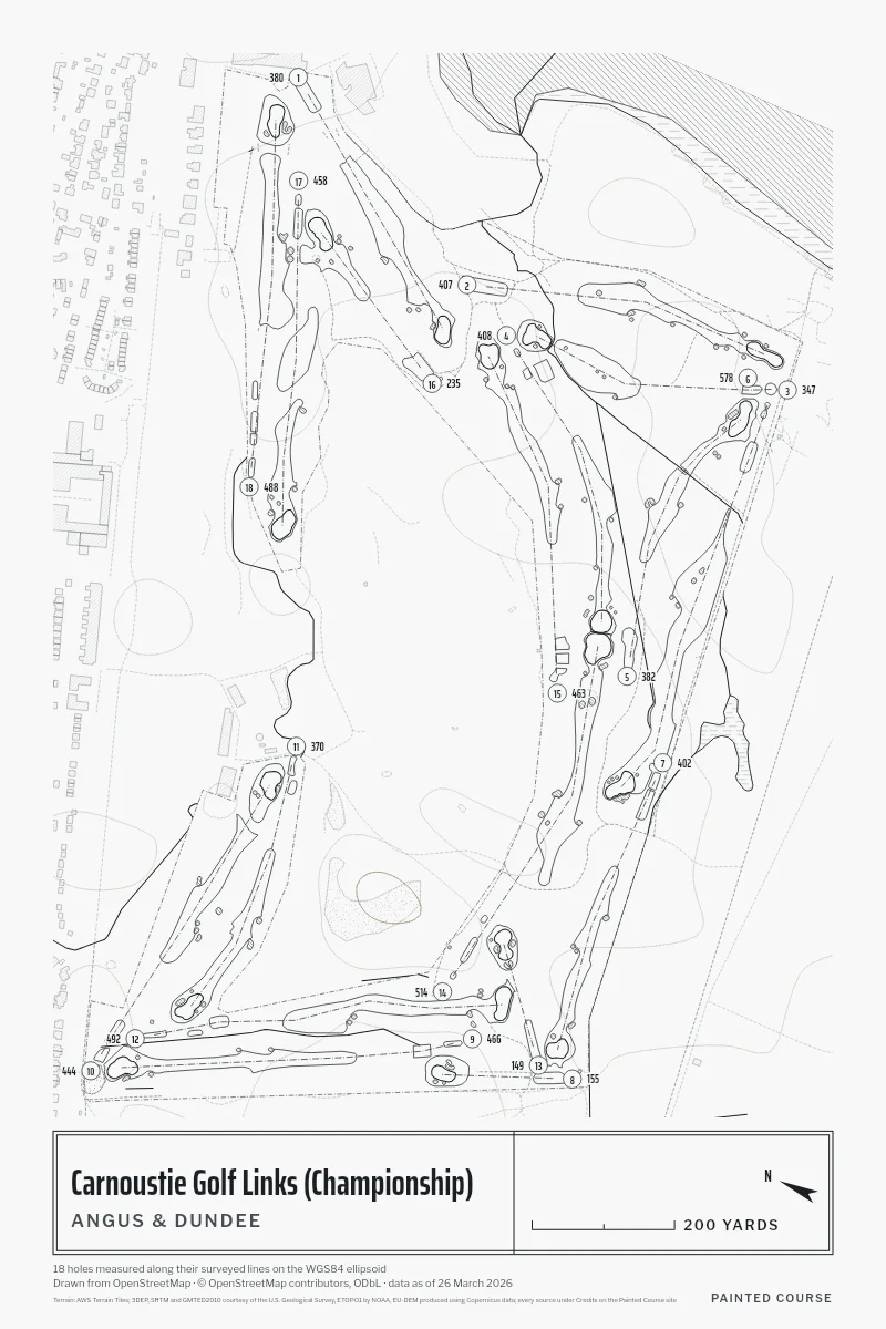 Carnoustie Golf Links (Championship), Angus & Dundee, Scotland, drawn in the Architect style from its OpenStreetMap survey: 18 holes, each numbered at its tee with its measured yards beside it.