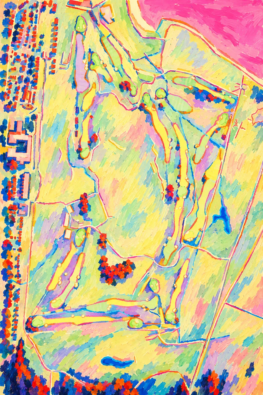 Carnoustie Golf Links (Championship), Angus & Dundee, Scotland, seen from above and painted in the Fauve manner after the Fauves of 1905: the routing of its 18 holes, its greens and its bunkers, in paint.