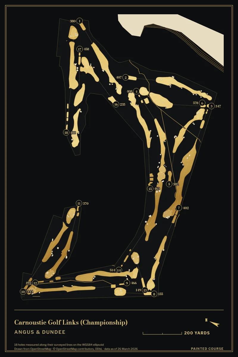 Carnoustie Golf Links (Championship), Angus & Dundee, Scotland, drawn in the Gilt style from its OpenStreetMap survey: 18 holes, each numbered at its tee with its measured yards beside it.