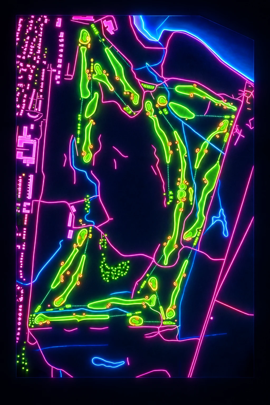 Carnoustie Golf Links (Championship), Angus & Dundee, Scotland, seen from above and painted in the Neon manner: the routing of its 18 holes, its greens and its bunkers, in paint.