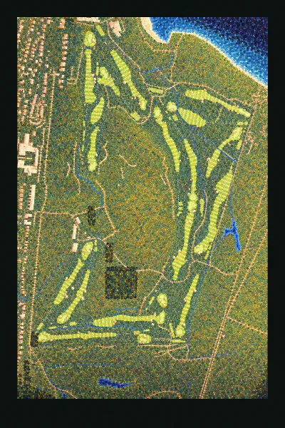 Carnoustie Golf Links (Championship), Angus & Dundee, Scotland, drawn in the Gilt style from its OpenStreetMap survey: 18 holes, each numbered at its tee with its measured yards beside it.