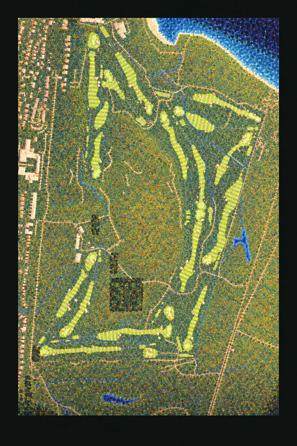 Carnoustie Golf Links (Championship), Angus & Dundee, Scotland, seen from above and painted in the Pointillist manner after Georges Seurat: the routing of its 18 holes, its greens and its bunkers, in paint.