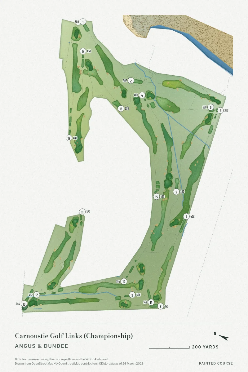 Carnoustie Golf Links (Championship), Angus & Dundee, Scotland, drawn in the Watercolour style from its OpenStreetMap survey: 18 holes, each numbered at its tee with its measured yards beside it.