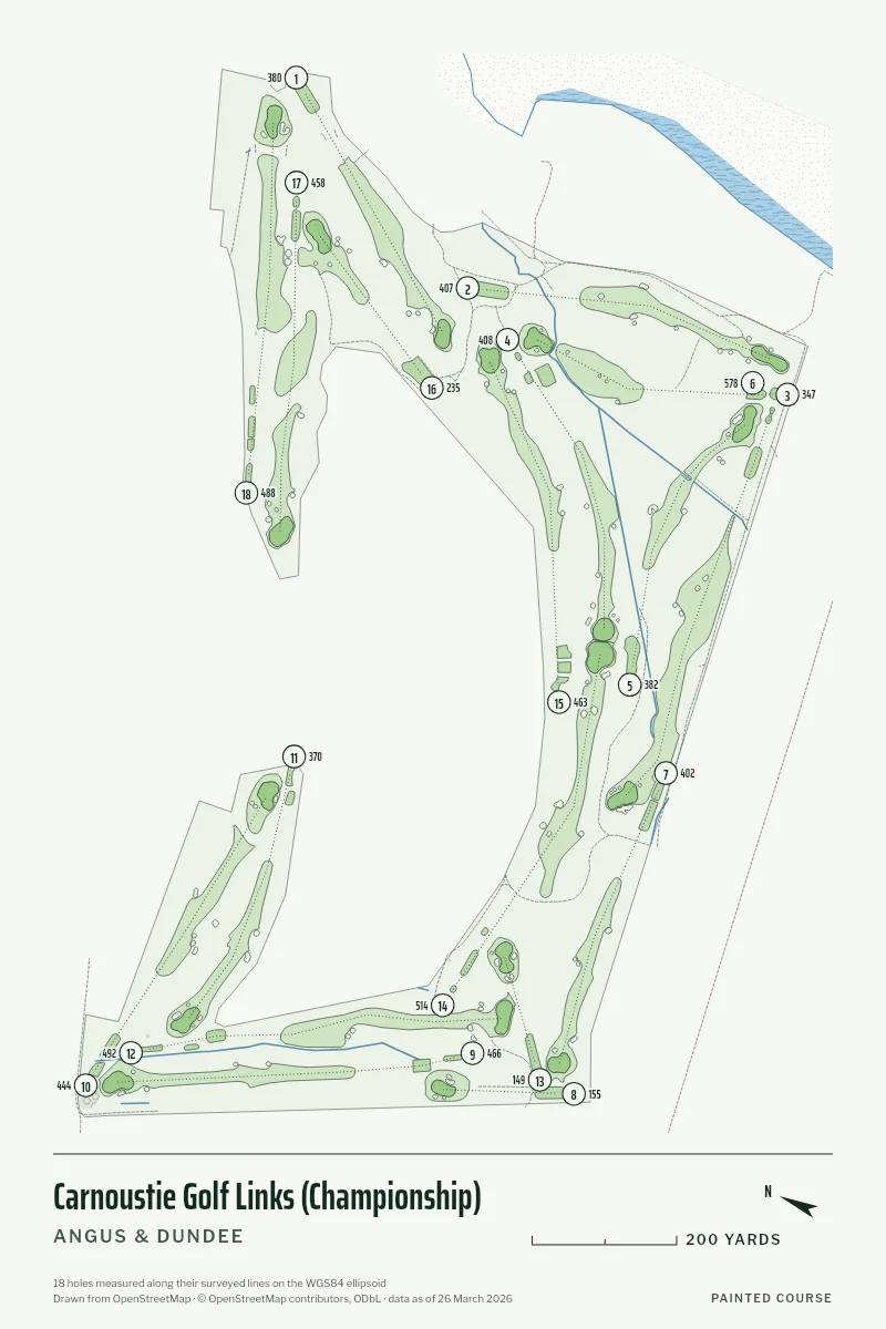 Carnoustie Golf Links (Championship), Angus & Dundee, Scotland, drawn in the Yardage style from its OpenStreetMap survey: 18 holes, each numbered at its tee with its measured yards beside it.