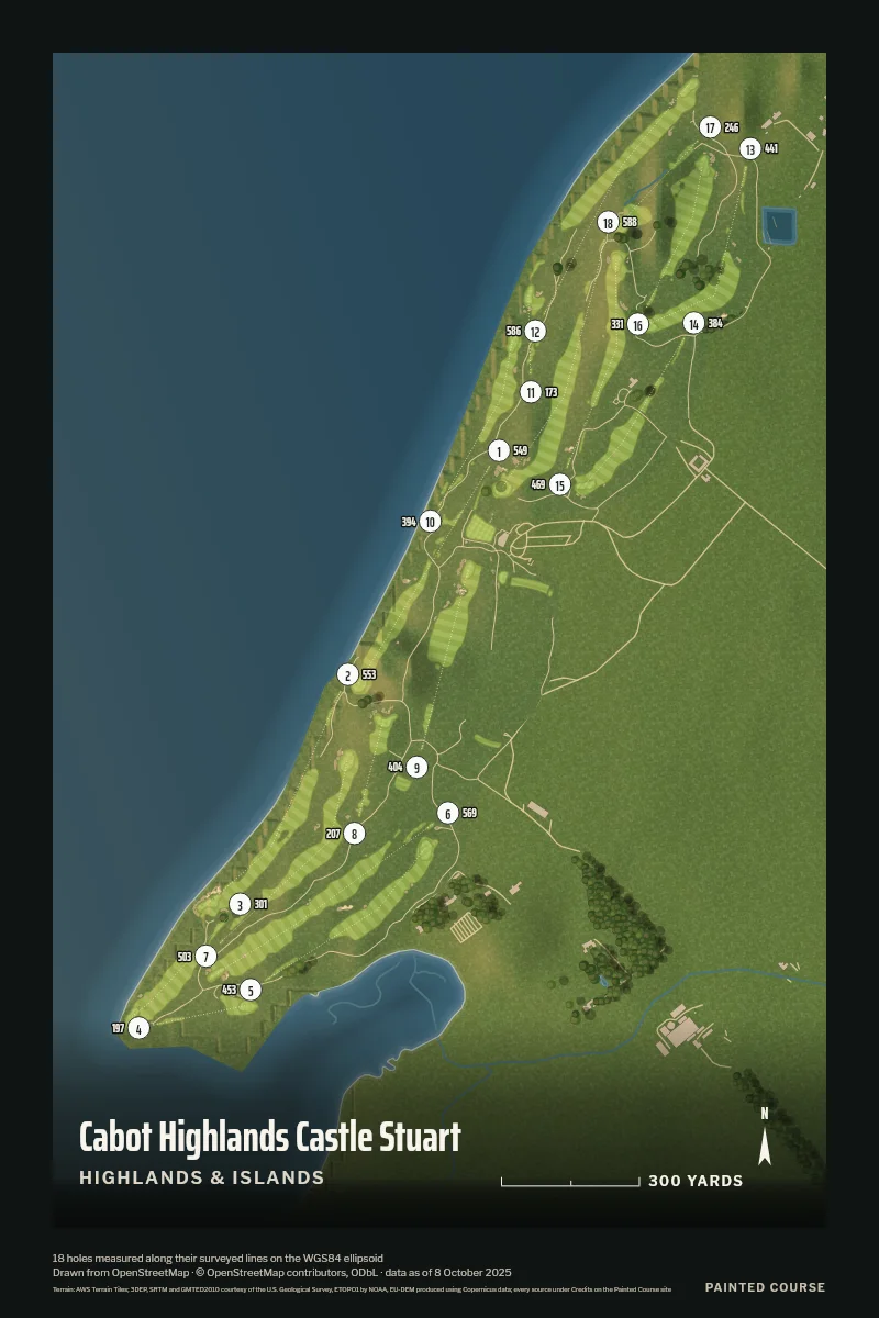 Cabot Highlands Castle Stuart, Highlands & Islands, Scotland, drawn in the Aerial style from its OpenStreetMap survey: 18 holes, each numbered at its tee with its measured yards beside it.
