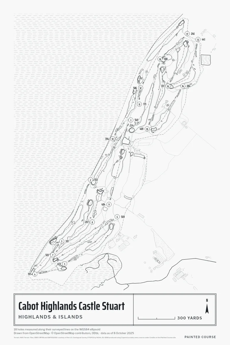Cabot Highlands Castle Stuart, Highlands & Islands, Scotland, drawn in the Architect style from its OpenStreetMap survey: 18 holes, each numbered at its tee with its measured yards beside it.