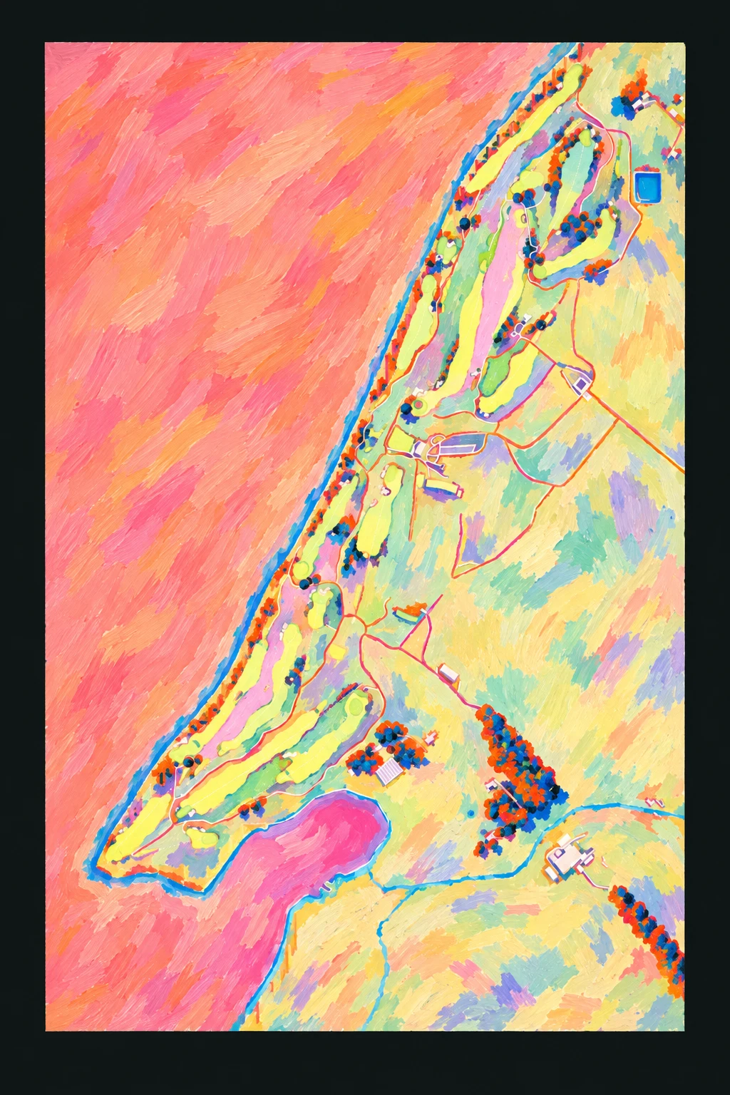 Cabot Highlands Castle Stuart, Highlands & Islands, Scotland, seen from above and painted in the Fauve manner after the Fauves of 1905: the routing of its 18 holes, its greens and its bunkers, in paint.