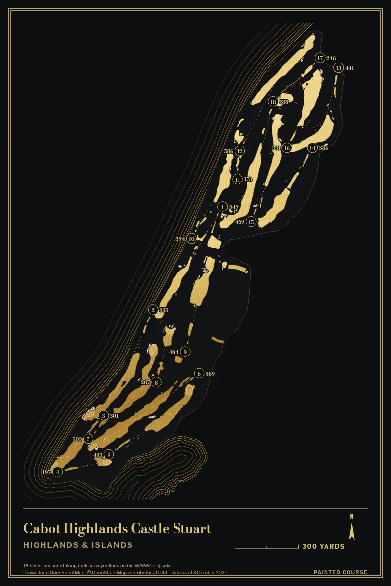 Cabot Highlands Castle Stuart, Highlands & Islands, Scotland, drawn in the Gilt style from its OpenStreetMap survey: 18 holes, each numbered at its tee with its measured yards beside it.