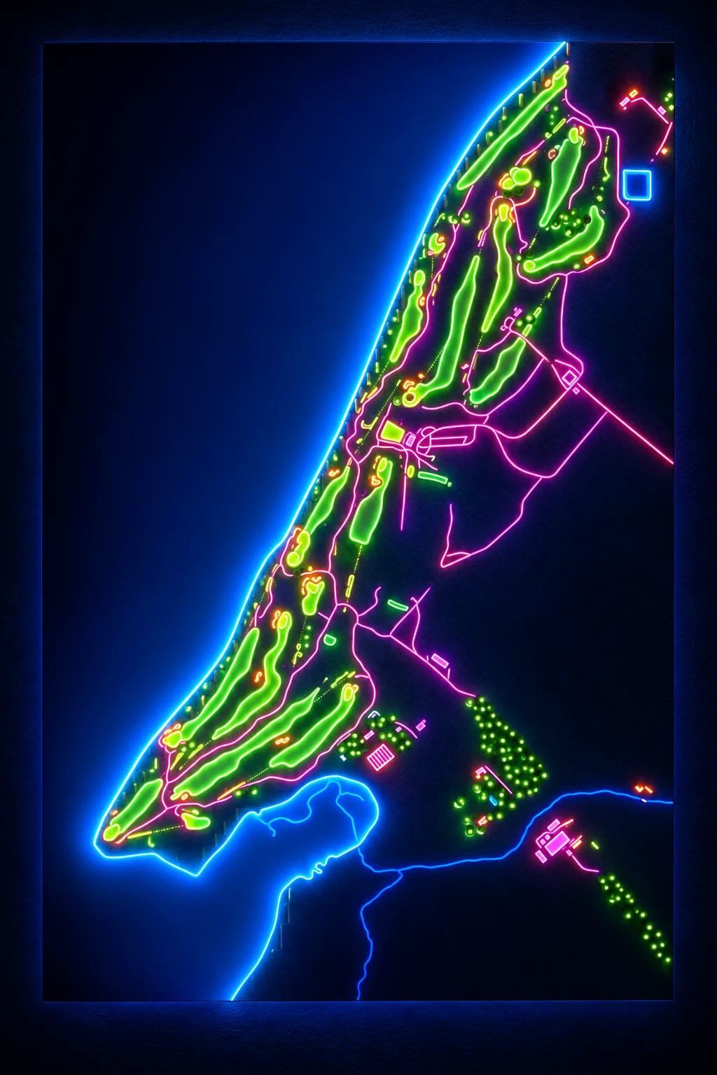 Cabot Highlands Castle Stuart, Highlands & Islands, Scotland, seen from above and painted in the Neon manner: the routing of its 18 holes, its greens and its bunkers, in paint.