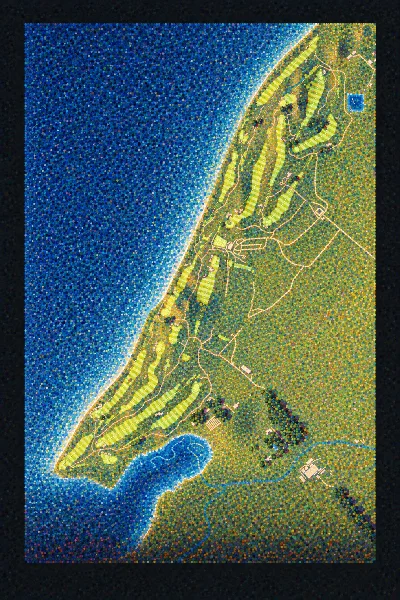 Cabot Highlands Castle Stuart, Highlands & Islands, Scotland, drawn in the Gilt style from its OpenStreetMap survey: 18 holes, each numbered at its tee with its measured yards beside it.