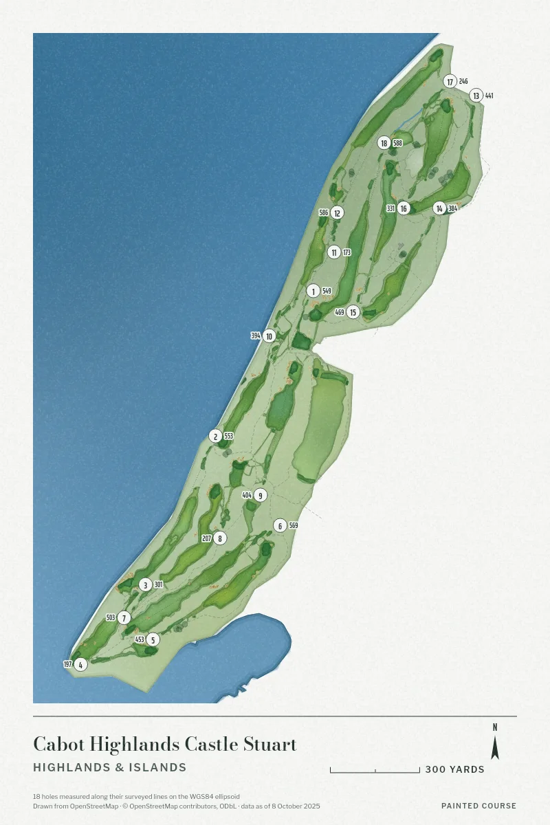 Cabot Highlands Castle Stuart, Highlands & Islands, Scotland, drawn in the Watercolour style from its OpenStreetMap survey: 18 holes, each numbered at its tee with its measured yards beside it.