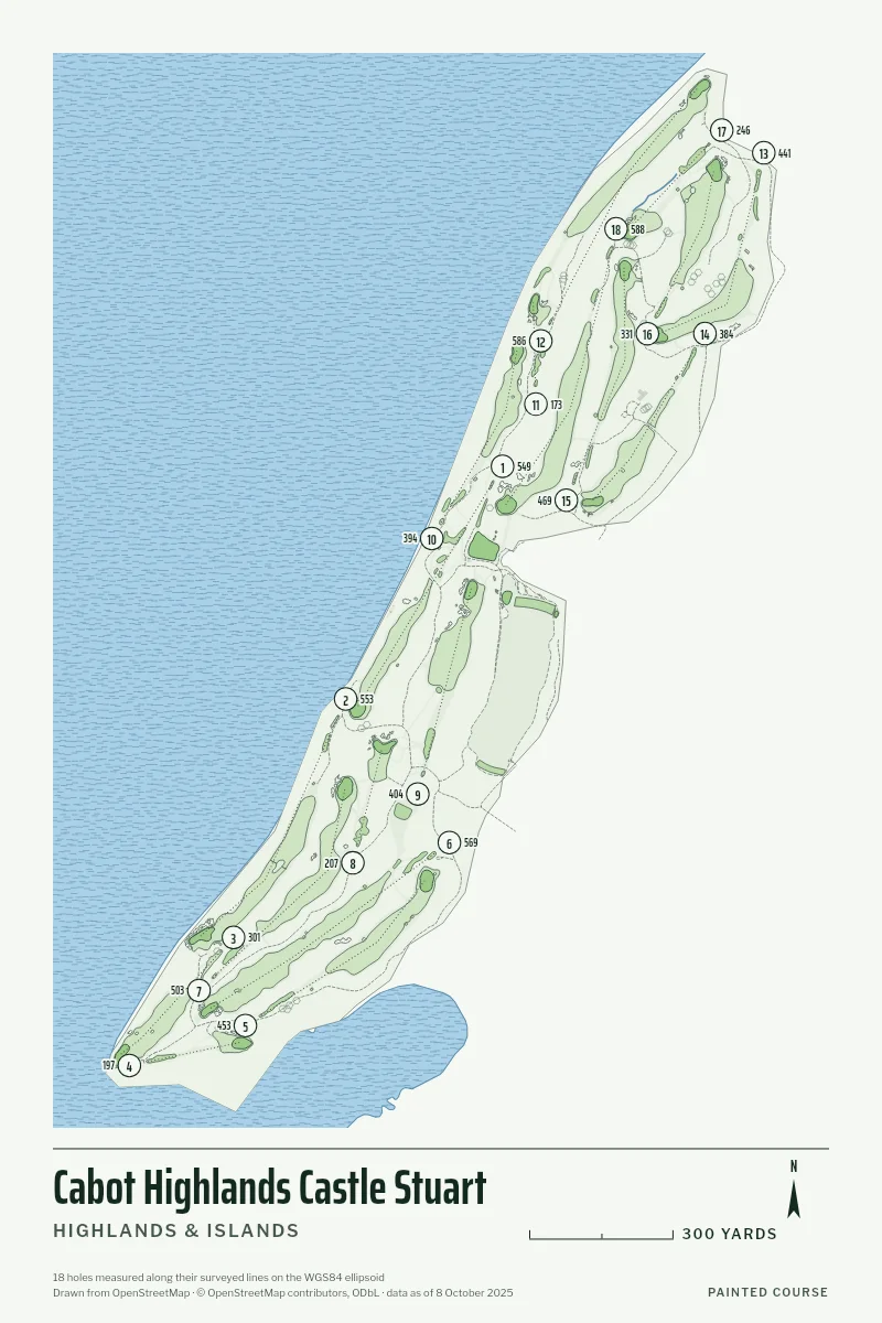 Cabot Highlands Castle Stuart, Highlands & Islands, Scotland, drawn in the Yardage style from its OpenStreetMap survey: 18 holes, each numbered at its tee with its measured yards beside it.