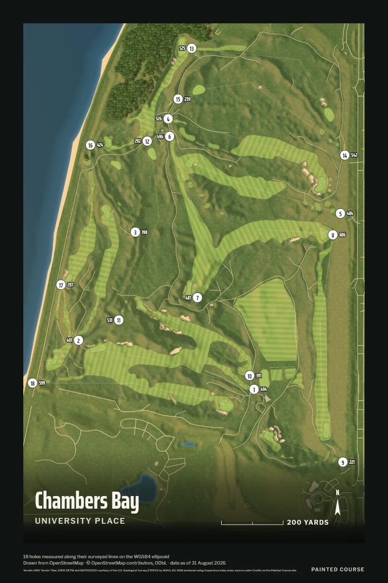 Chambers Bay, University Place, Washington, USA, drawn in the Aerial style from its OpenStreetMap survey: 18 holes, each numbered at its tee with its measured yards beside it.