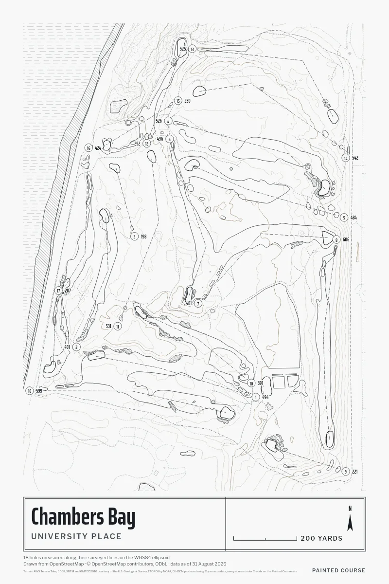 Chambers Bay, University Place, Washington, USA, drawn in the Architect style from its OpenStreetMap survey: 18 holes, each numbered at its tee with its measured yards beside it.