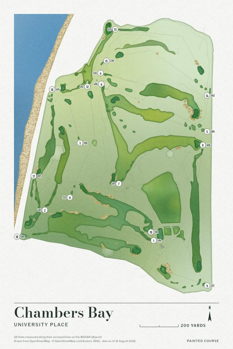 Chambers Bay, University Place, Washington, USA, drawn in the Watercolour style from its OpenStreetMap survey: 18 holes, each numbered at its tee with its measured yards beside it.