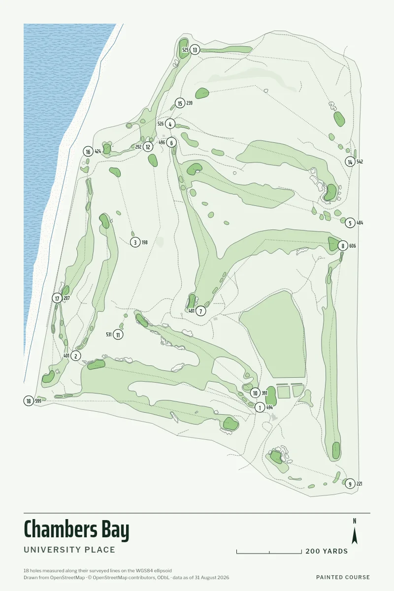 Chambers Bay, University Place, Washington, USA, drawn in the Yardage style from its OpenStreetMap survey: 18 holes, each numbered at its tee with its measured yards beside it.