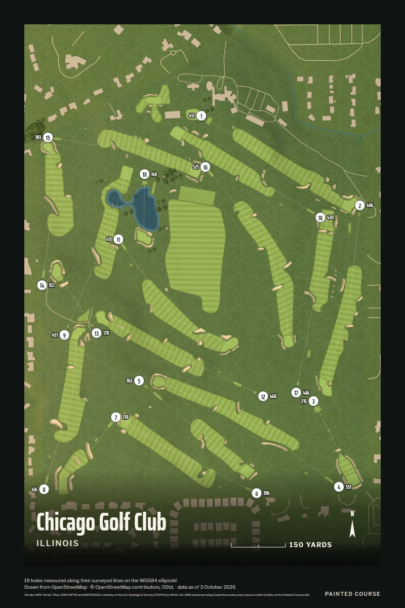 Chicago Golf Club, Illinois, USA, drawn in the Aerial style from its OpenStreetMap survey: 18 holes, each numbered at its tee with its measured yards beside it.