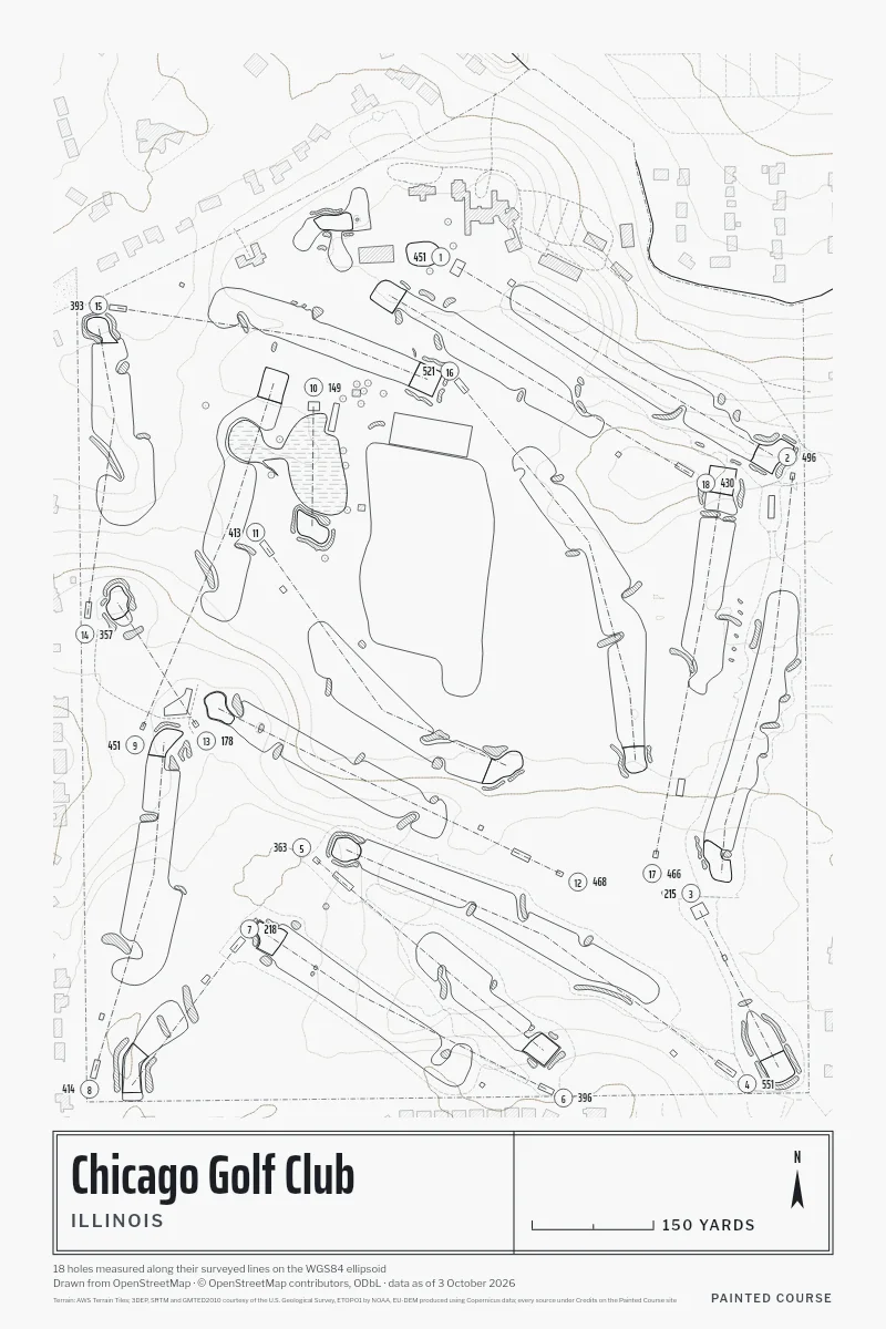 Chicago Golf Club, Illinois, USA, drawn in the Architect style from its OpenStreetMap survey: 18 holes, each numbered at its tee with its measured yards beside it.
