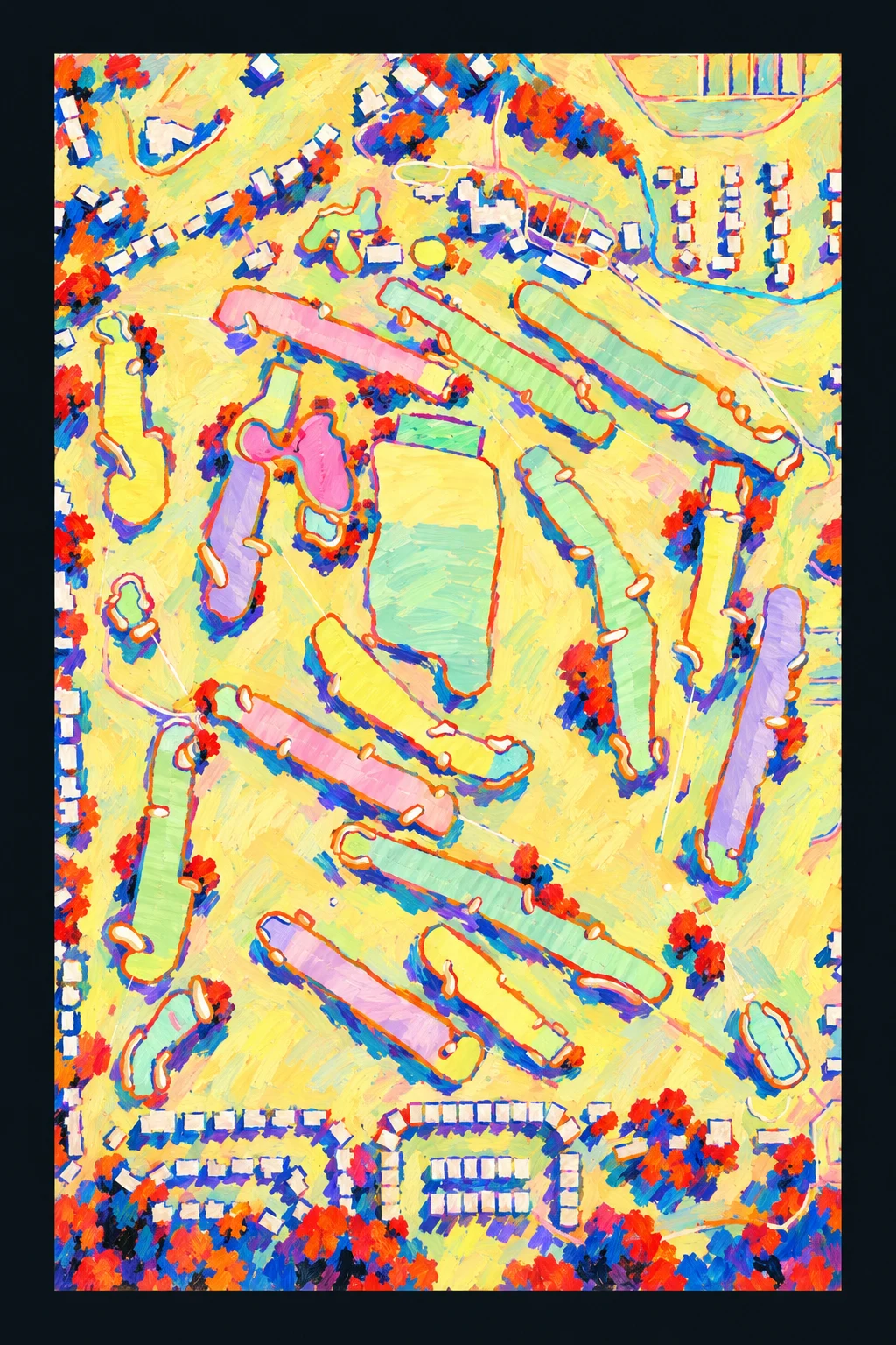 Chicago Golf Club, Illinois, USA, seen from above and painted in the Fauve manner after the Fauves of 1905: the routing of its 18 holes, its greens and its bunkers, in paint.